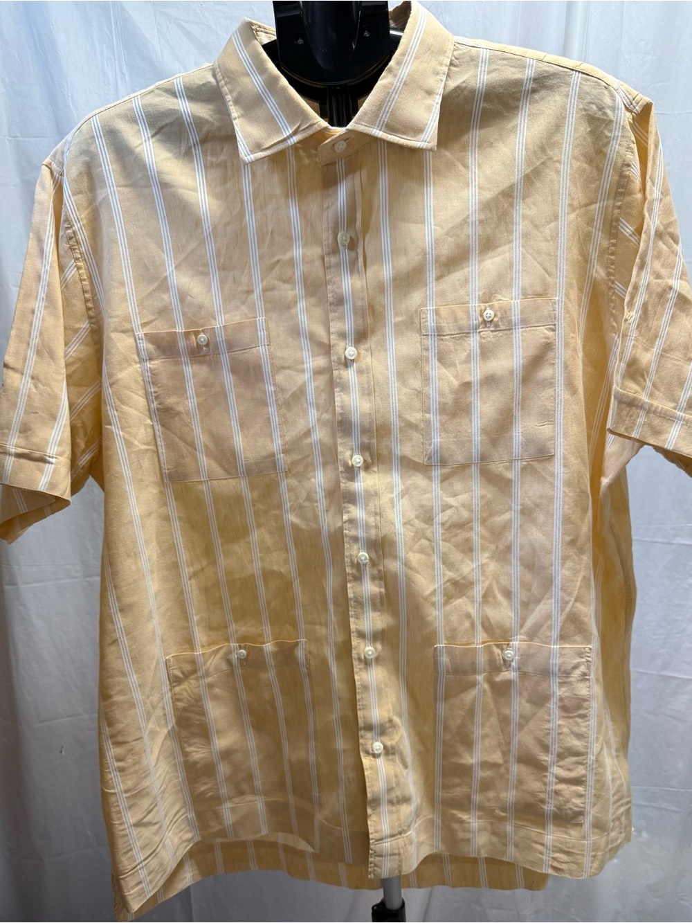 Sid Mashburn XL Orange White Striped Cotton Linen Camp Shirt Button Up